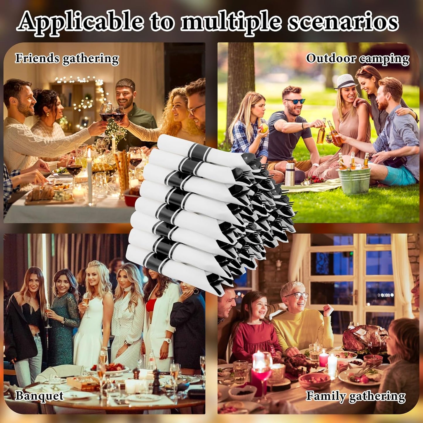 Supernal 120 Pack Black Plastic Silverware,Rolled Silverware Disposable,Pre Wrapped Cutlery Set with Napkin,Plastic Utensils Heavy Duty, Rolled Black Cutlery