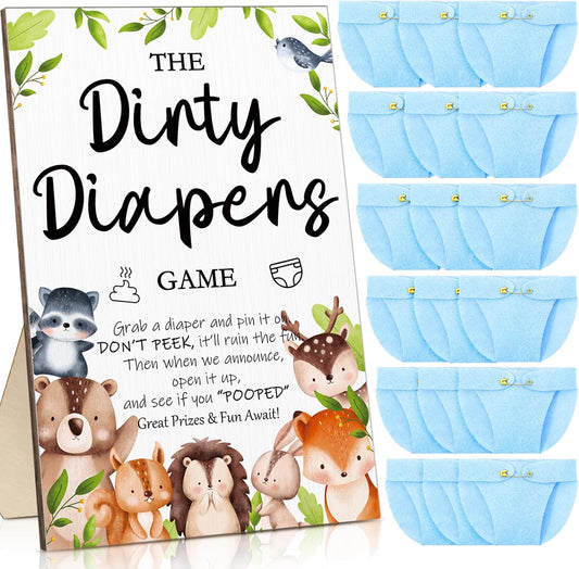 Roowest 51 Pcs Dirty Diaper Baby Shower Games Funny Wooden Sign with 50 Pcs Mini Diapers Cute Felt for Gender Reveal Party Baby Shower(Woodland Animals)