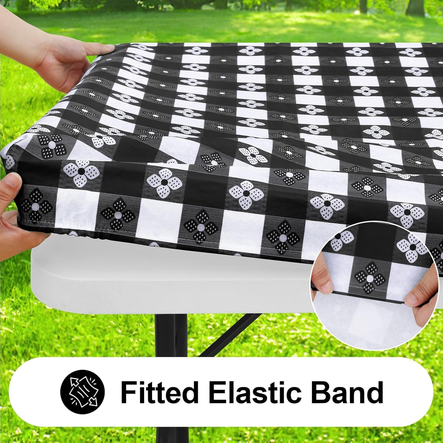 Rectangle Vinyl Table Cloth, Waterproof Elastic Fitted Tablecloth with Flannel Backing, Plastic Table Cover for Picnic, Camping, Outdoor (Black & White, 30"x60")