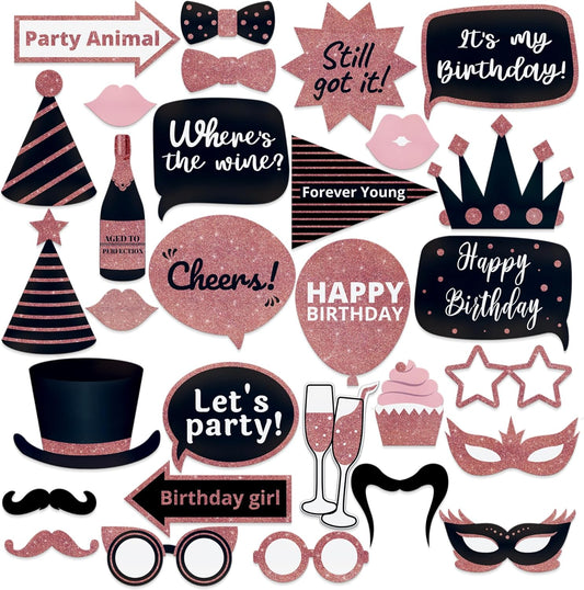 Premium Birthday Photo Booth Props Kit - 30 pc, Pink Glitter - Happy Birthday Party Fun Photobooth Selfie Accessories - for Adults & Kids - Funny Photoshoot w/Friends - by PixiPy
