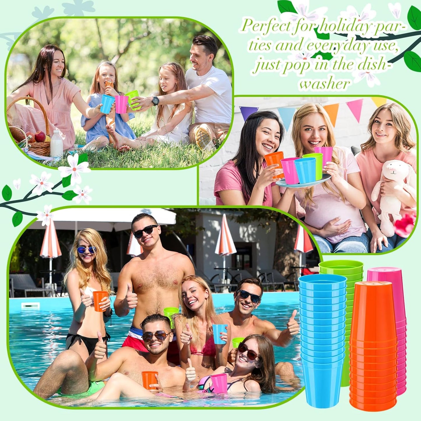 Yungyan 100 Pack 16oz Stadium Cups Reusable Plastic Cups Blank Drink Tumblers for Parties, Events, DIY Projects, 4.5 x 3.54 x 2.72 Inch (Bright Colors)