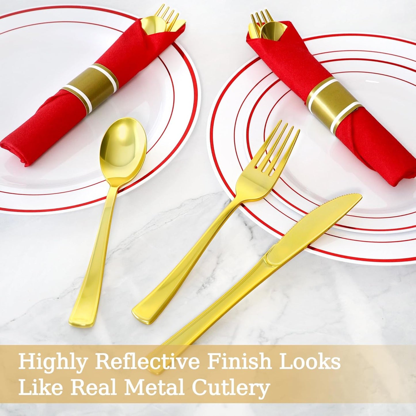 50 Pack Pre Rolled Gold Plastic Silverware Set,Wrapped Plastic Cutlery Set with Napkin Include 50 Forks,50 Spoons,50 Knives and 50 Red Napkins for Party,Wedding