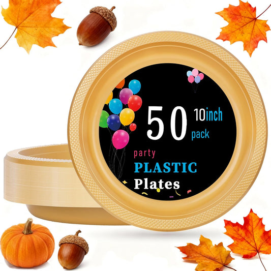 WELLIFE Gold Plastic Plates 10 Inch 50 Count Disposable Plate Thanksgiving Plates for Party, Large Big Plate for Dinner Party Supplies Birthday Camping BBQ
