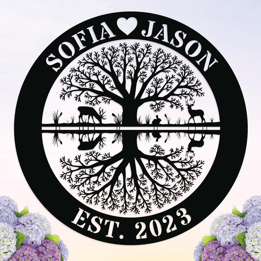 Custom Tree of Life Metal Sign, Personalized Family Name Signs for Home, Wedding Gifts for Couples, Metal Deer Christmas Gifts