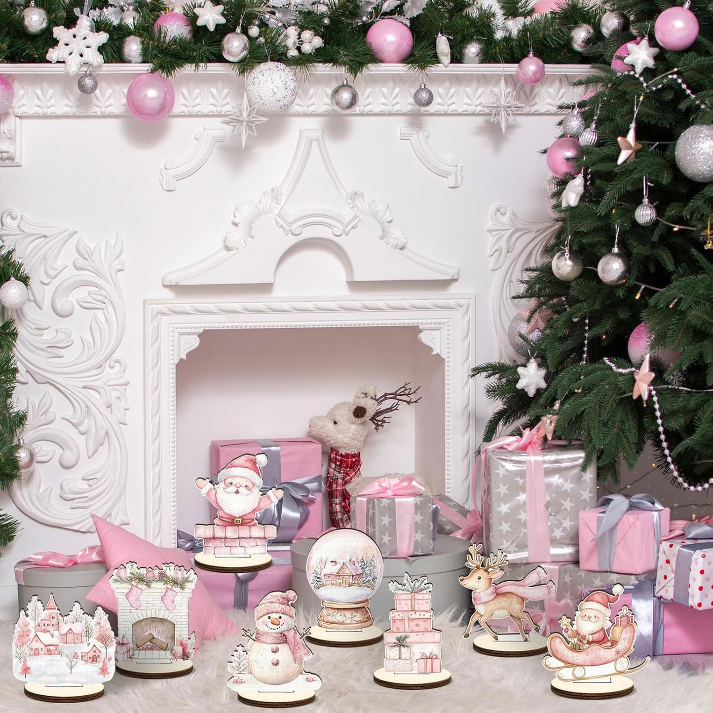 16 Pcs Wooden Pink Christmas Table Centerpiece Cute Watercolor Xmas Tabletop Detachable Sign Farmhouse Snowman Deer Santa Table Toppers Display Decor Birthday Photo Props Party Favor Supplies