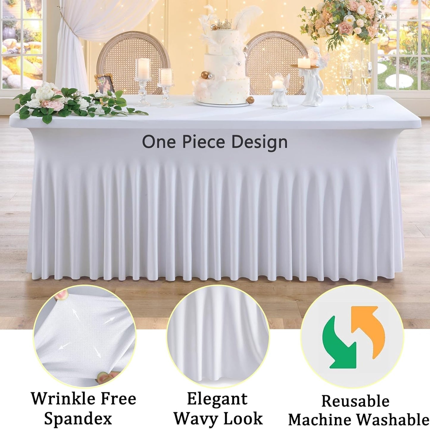 4 Pack White Spandex Tablecloth for 5 Foot Rectangle Tables, Wrinkle Free Fitted Table Clothes Cover 5ft Stretchy Tablecloths with Skirt for Parties Weddings Birthday Banquet Baby Shower