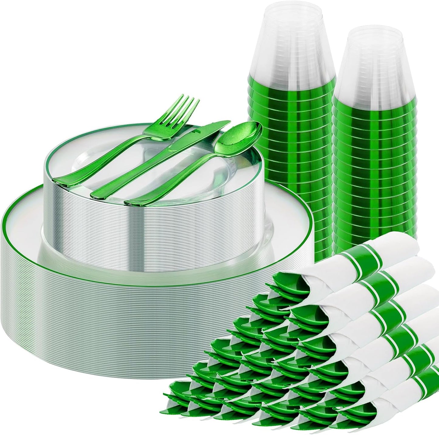 SUT 175 Pcs Green and Clear Plastic Dinnerware Set for 25 Guests, Include: 25 Dinner Plates, 25 Dessert Plates, 25 Pre Rolled Napkins With Silverware, 25 Cups, Disposable Plates for Party, Christmas