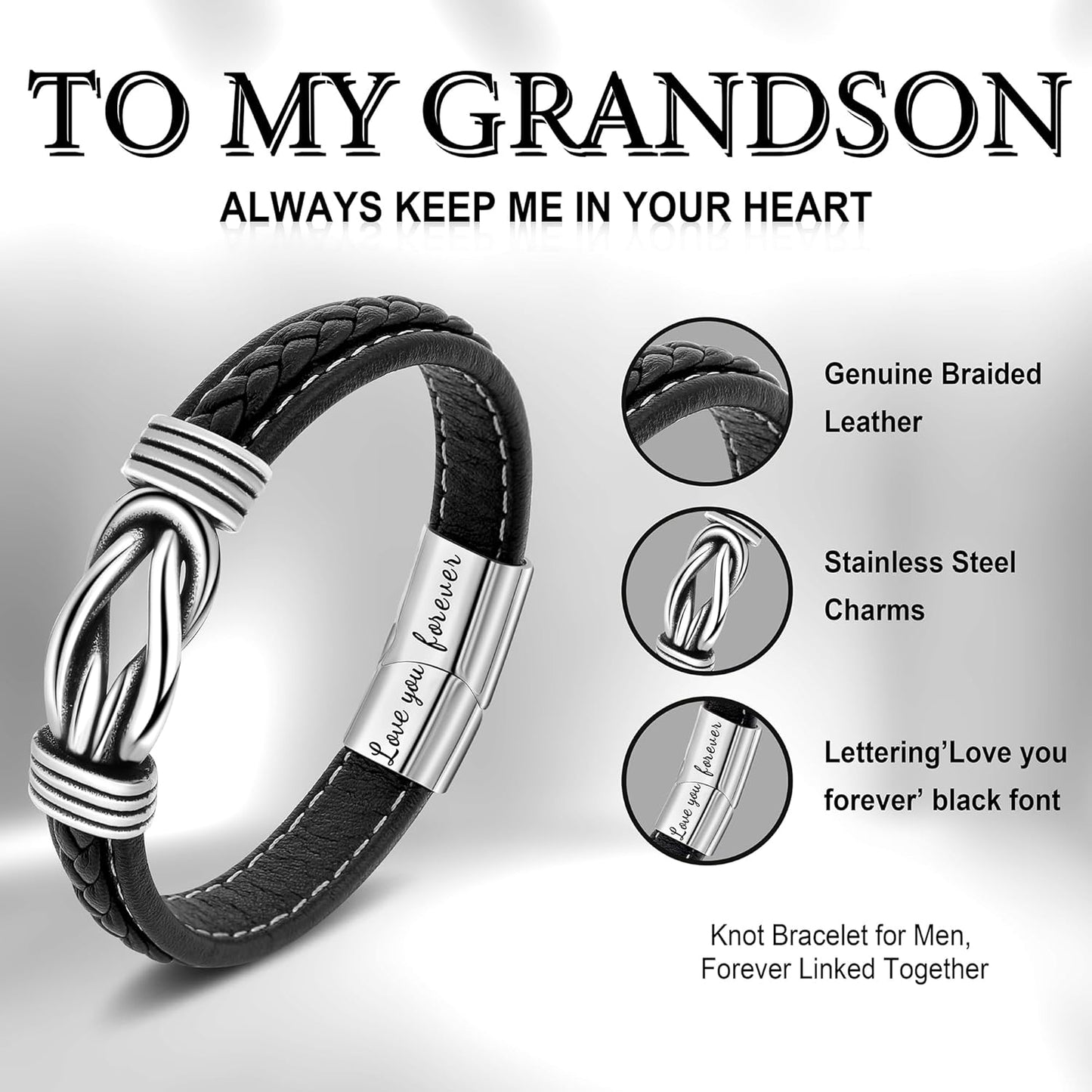𝗞𝗻𝗼𝘁 𝗕𝗿𝗮𝗰𝗲𝗹𝗲𝘁 𝗚𝗶𝗳𝘁𝘀 𝗳𝗼𝗿 𝗠𝗲𝗻 Brown Braided Leather Stainless Steel Infinity Bracelets Lettering Love You Forever Gifts for Son Grandson Husband Boyfriend Brother Always Linked Together