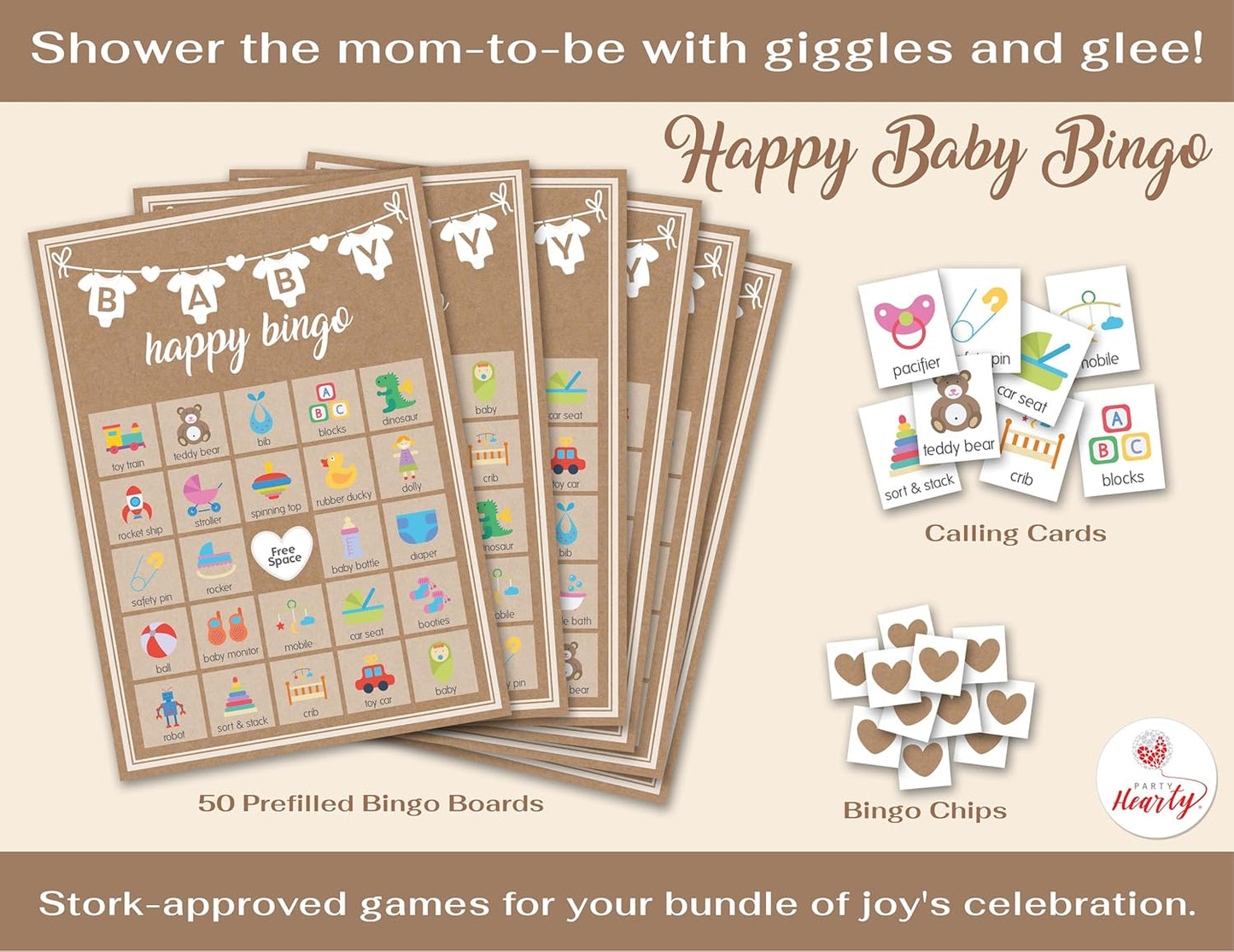 Party Hearty Baby Shower Games for Girl or Boy, 250 pcs 5 Games Activities Cards, Funny Baby Shower Games, Gender Neutral, Baby Shower Ideas