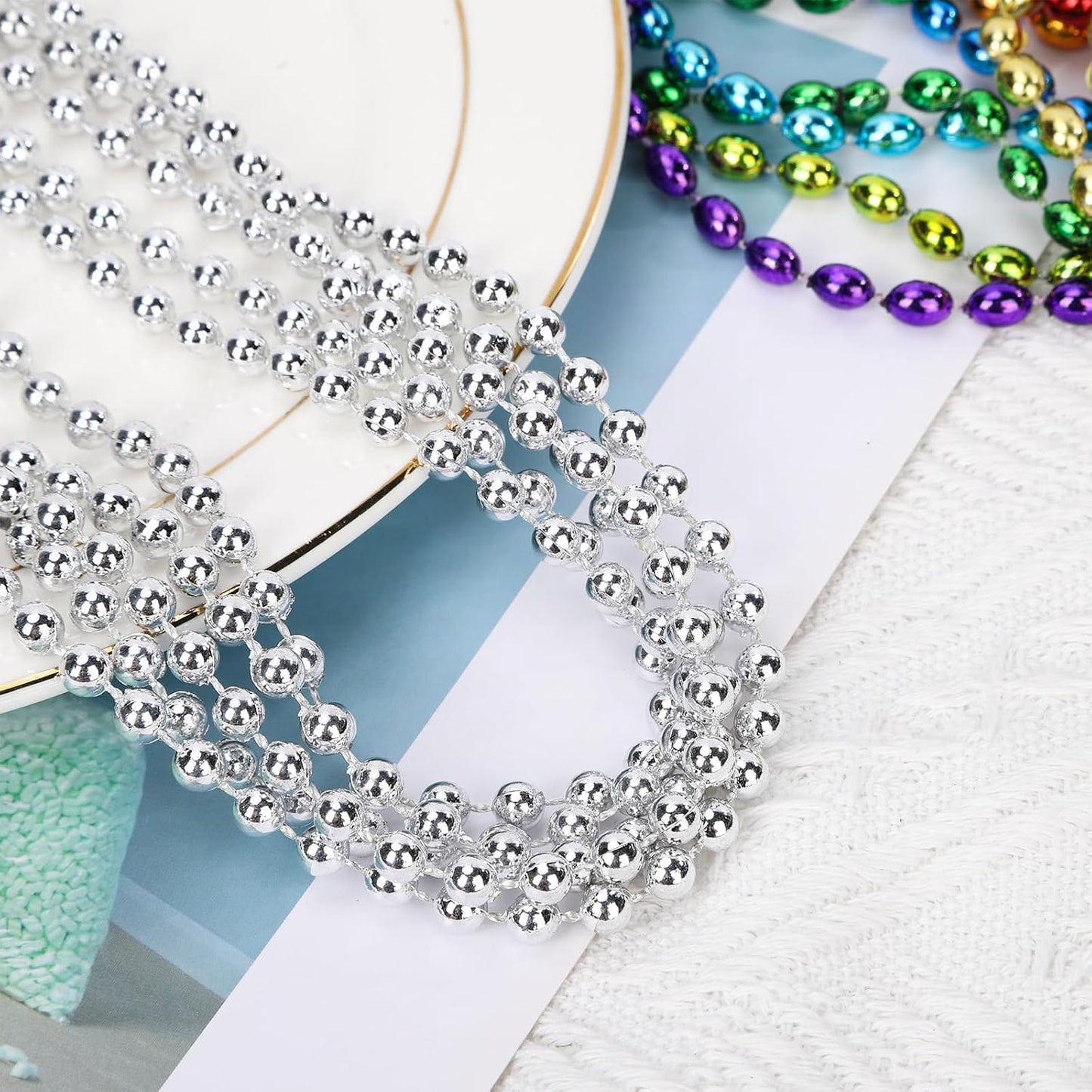 48 Pack Mardi Gras Beads Necklaces, 33 Inch Plastic Beads for Party Favors, Festival Decorations, Parade Throws, Christmas, St. Patrick's Day Celebrations