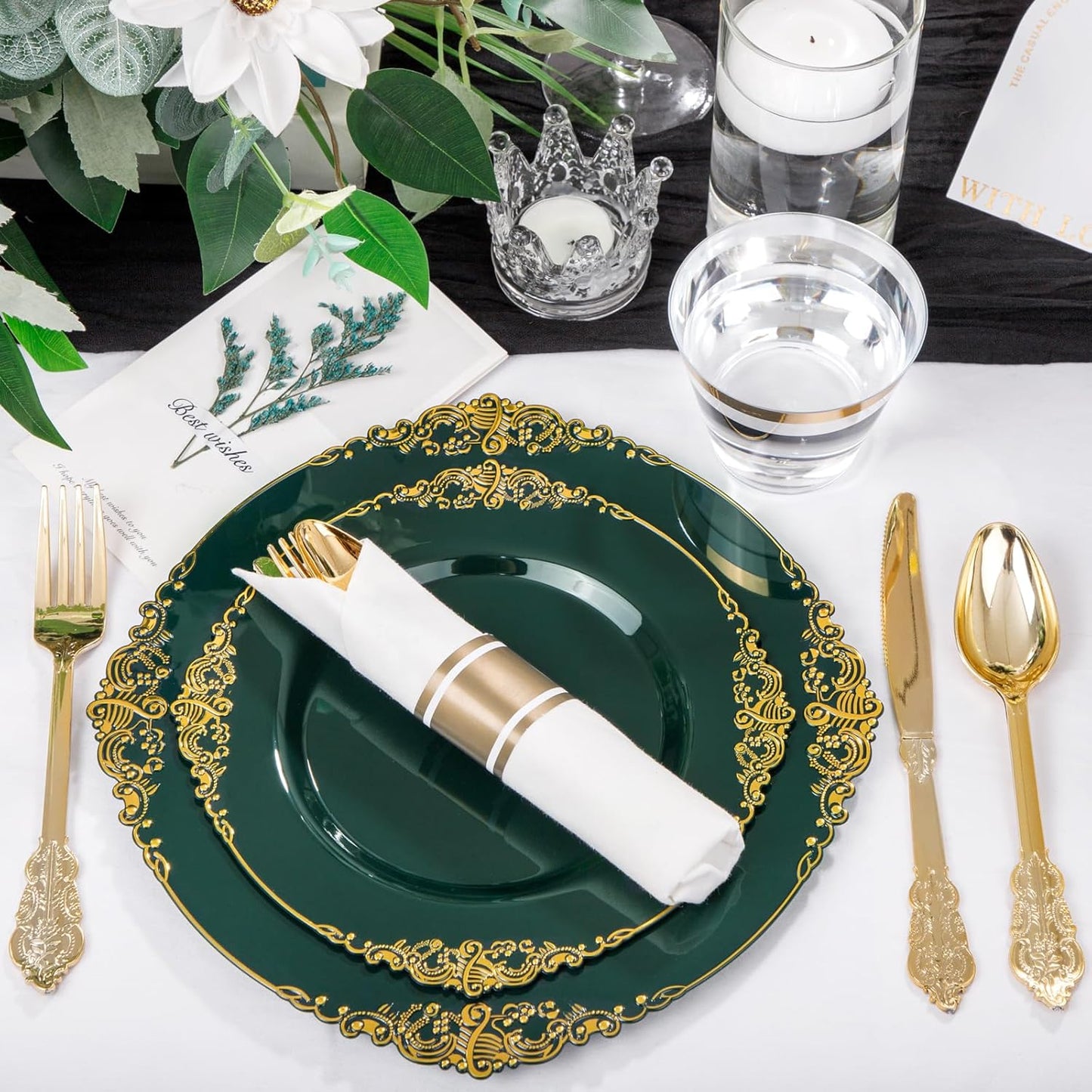 Nervure 175PCS Green Plastic Plates - Disposable Green Gold Party Plates & Pre Rolled Napkins with Cutlery for 25 Guests, 50Plates, 75Silverware, 25Cups, 25Napkin for Wedding & Party