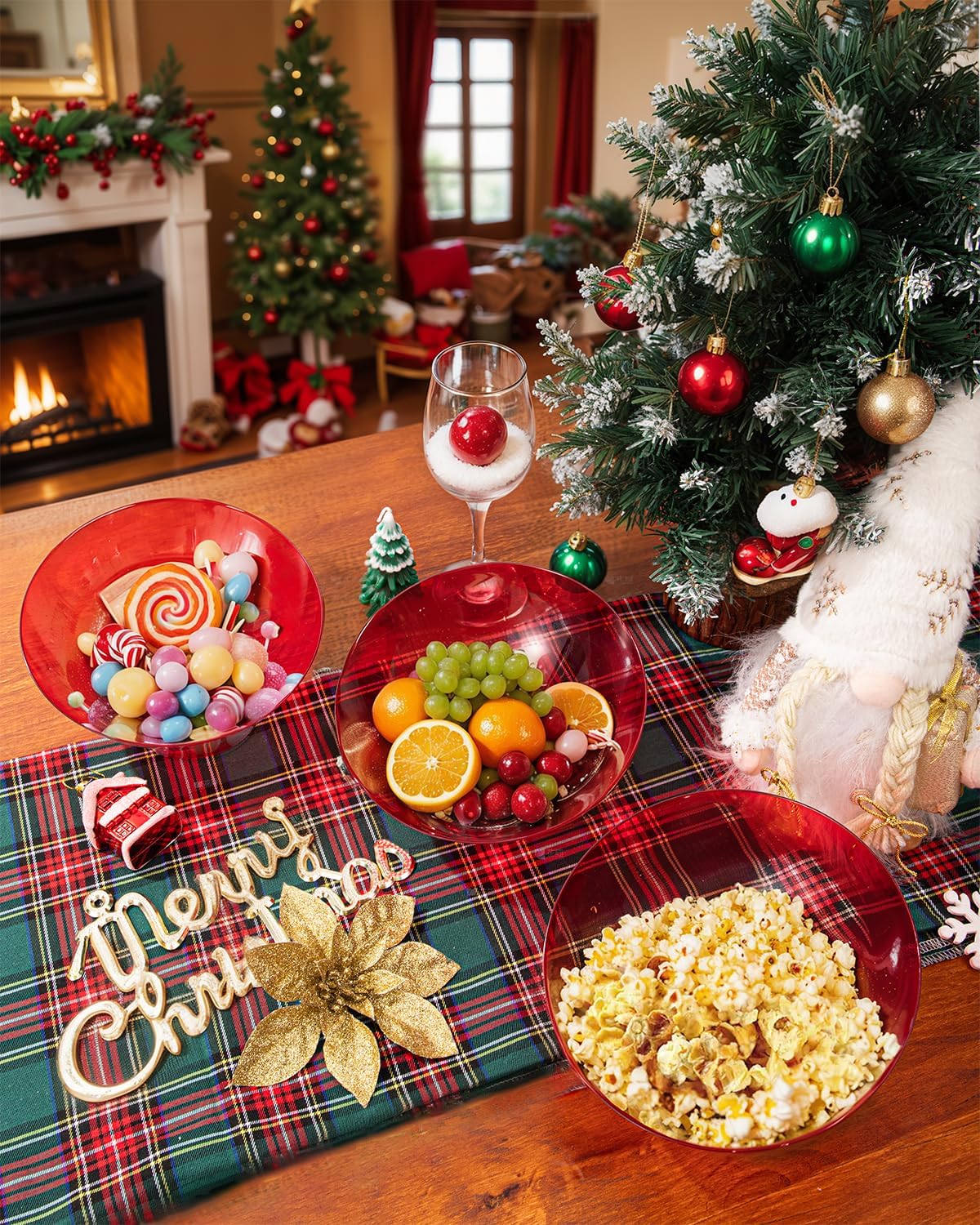 bUCLA 12 Pack Clear Red Plastic Serving Bowls - 20 OZ Christmas Angled Serving Bowls Disposable for Chip, Candy, Salad & Fruit - Ideal for X’mas Party