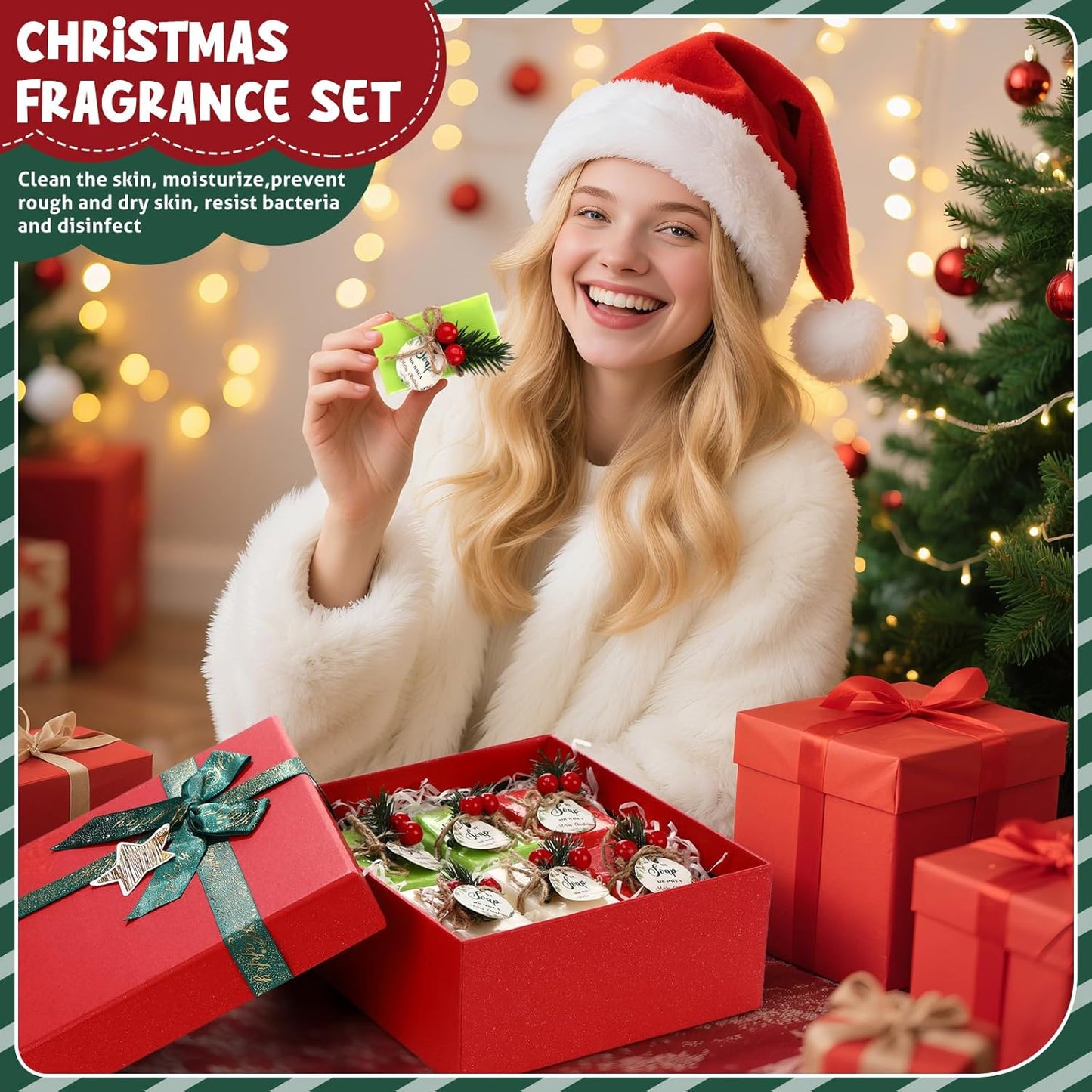 48 Set Christmas Party Favors Bar Soap Gift Bulk Handmade Mini Soaps with Tags Drawstring Gift Bag, Guests Return Thank You Gifts for Xmas Goodie Bags Stocking Stuffers Wedding Party Favors