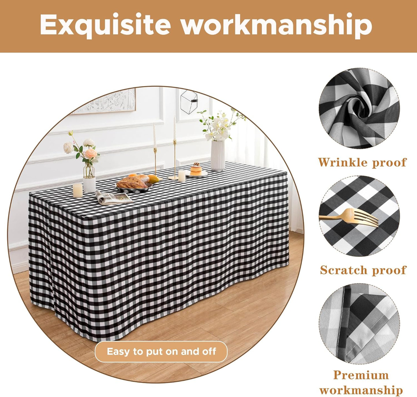 HolidayIdeas Fitted Checkered Tablecloths for 6 Foot Tables - 72 x 30 Inch - 2 Pack Rectangle Tableclothes Buffalo Plaid Table Cover for Parties, Picnic, Trade Show (Black and White)