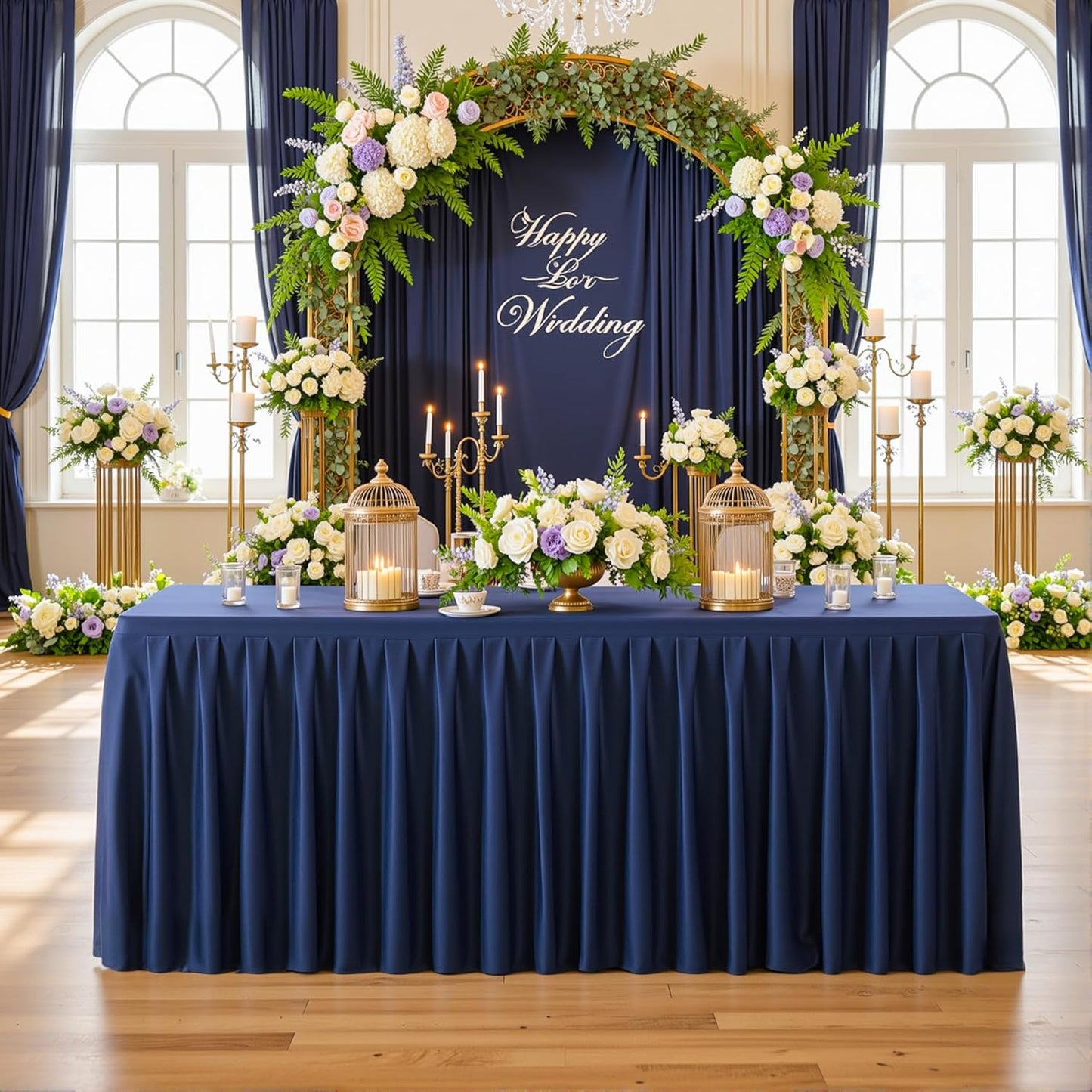 2 Pack Navy Blue Rectangle Tablecloth 8 FT Stretch Spandex Fitted Table Cloth for 8 Foot Rectangle Tables Banquet Tablecloths Wrinkle Free Table Cover Skirt Stitch Ruffle Tablecloth for Party Wedding