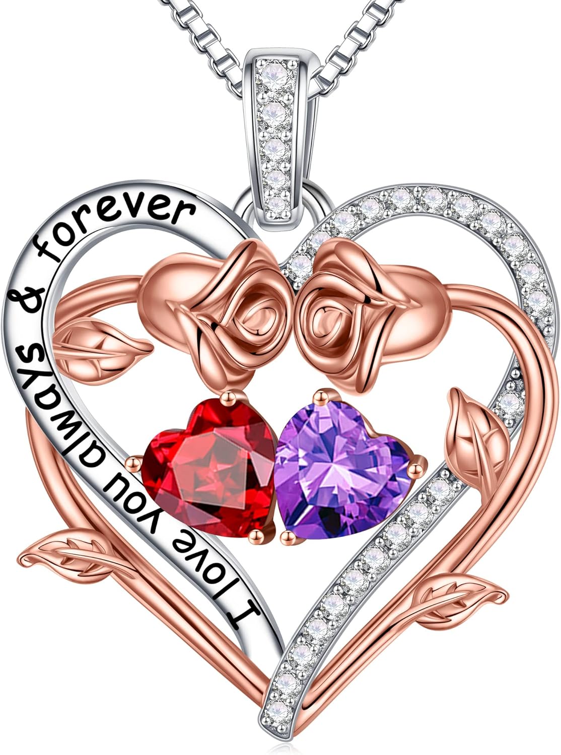 Iefil Rose Heart Double Birthstone Necklace Gifts for Wife Her Mom Women, Birthstone Jewelry Gemstone Birthday Gifts for Girlfriend Grandma Her Wife Women