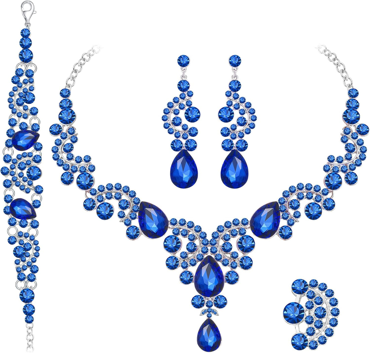 Crystal Bridal Wedding Jewelry Sets for Women Rhinestone Teardrop Crystal Statement Choker Necklace Drop Earrings Link Bracelets Rings Teardrop Jewelry Set for Brides Bridesmaids