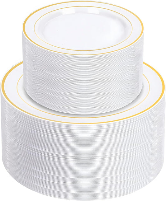 NOCCUR 200PCS Gold Plastic Plates - 100 Dinner / 100 Dessert Disposable Plates Heavy Duty - Ideal for Wedding, Party, Thanksgiving