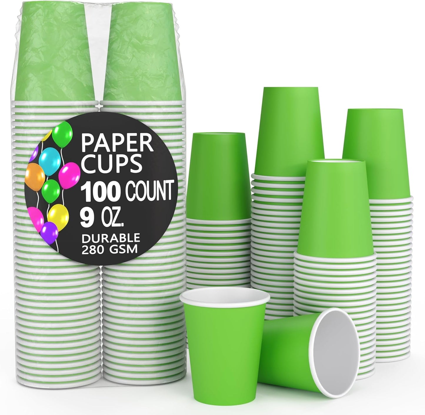Party Solids Lime Green Paper Cups 9 oz Durable Disposable Cups 100 Paper Tumblers for Hot Drinks and Cold Drinks Thick 280 GSM Hot Cup for Tea & Coffee Cup To Go Fun Colors for Parties & Events
