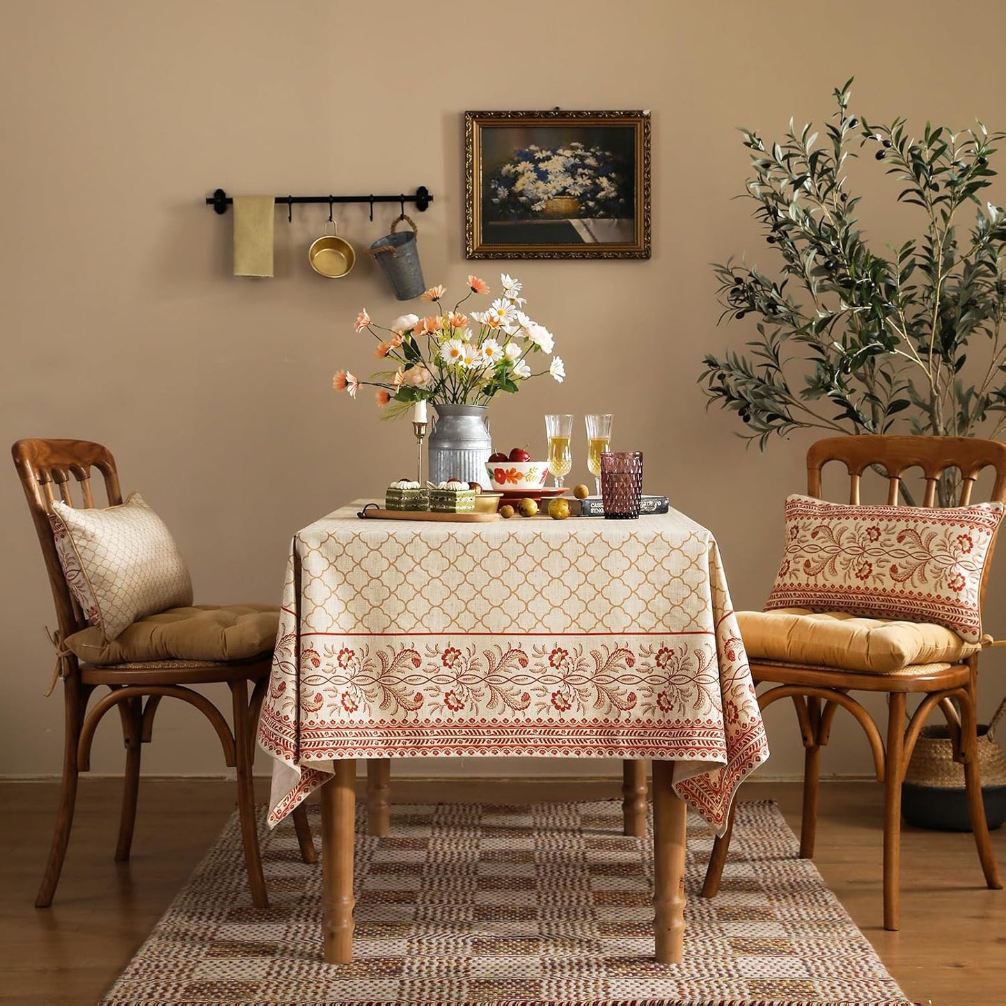 ISAENNE Designer Linen Floral Long Rectangle Tablecloth,Pale Yellow Farmhouse Indoor Table Cloth,Durable Decor Tablecloths for Dining Kitchen Thanksgiving Christmas,63"*102"-Chamonix A