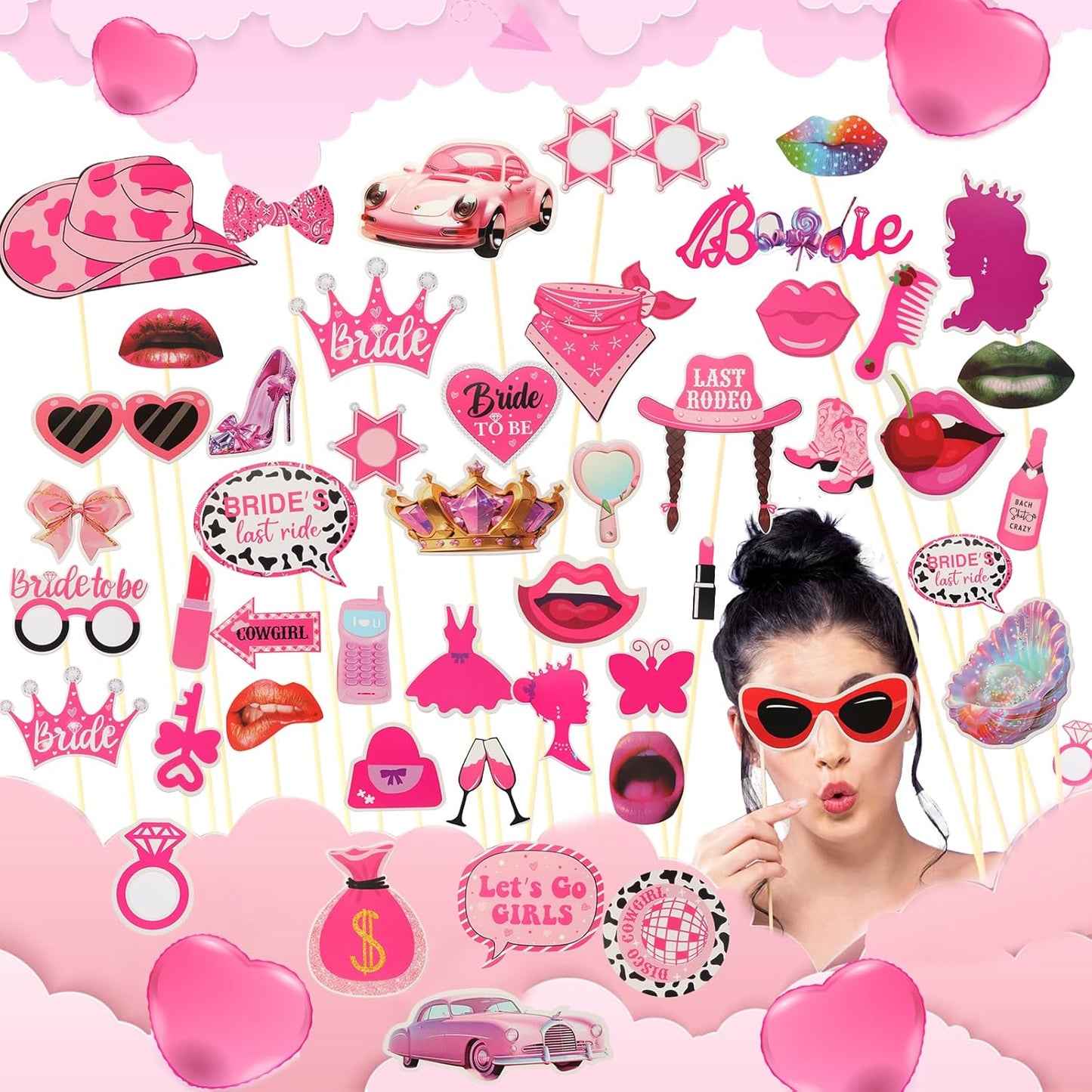 Bulk Premium Hot Pink Funny Photo Booth Props Set for Women, Cute Hot Pink Hats, Glasses, Wig, Inflatable Props, PhtotBooth Props Kit for Girls Bachelorette, Wedding, Bridal Shower and All Occasions