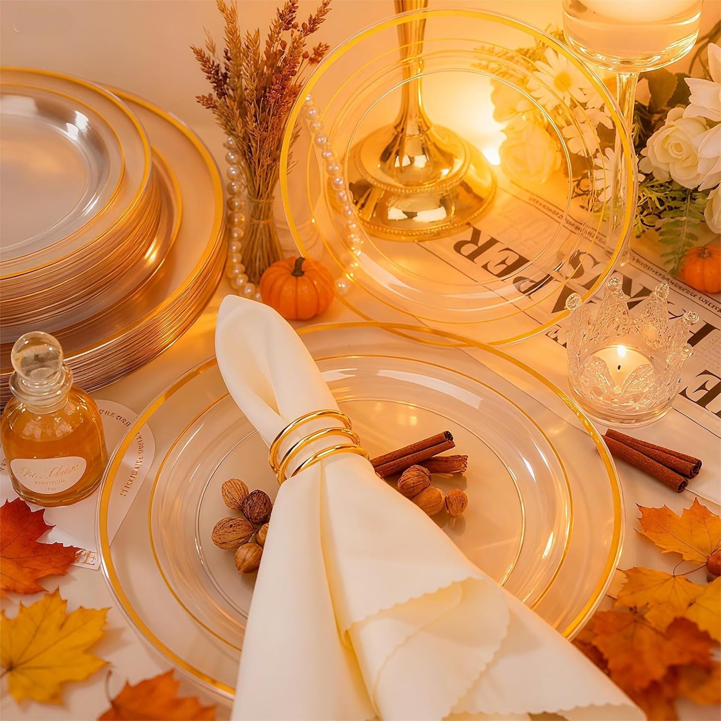 FLOWERCAT 100PCS Clear Plates with Gold Trim - Heavy Duty Clear and Gold Plastic Plate Disposable for Thanksgiving Party/New Year Include 50PCS 10.25inch Dinner Plates - 50PCS 7.5inch Cake Plate