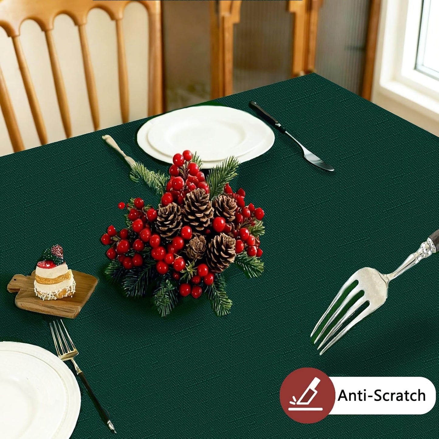 Fabric Christmas Rectangle Tablecloth, Faux Linen Textured Table Cloth for 6 ft Rectangular Table, Water Resistant & Washable for Dinig Party Holiday Decoration, Green, 60 x 84 Inch