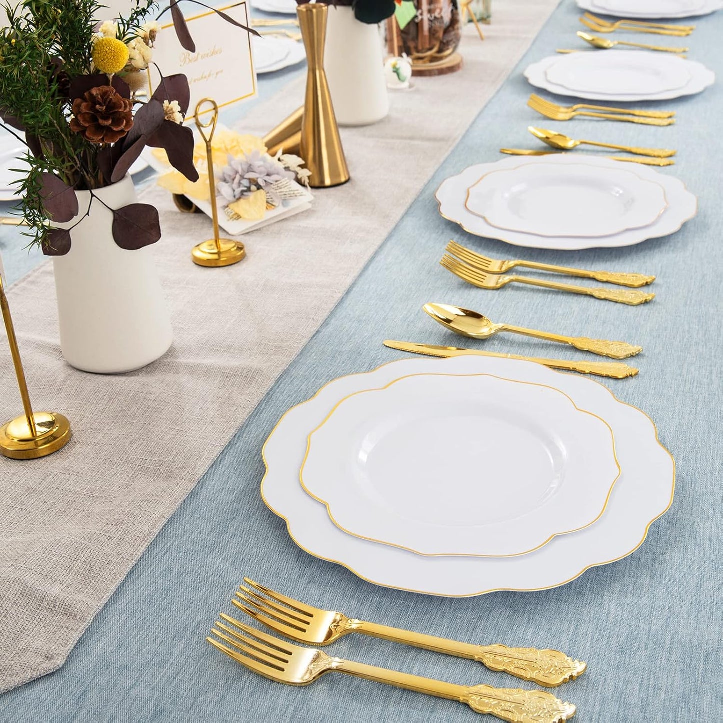 NOCCUR 120PCS Gold Plastic Plates Disposable for 60 Guests - Include 60 Dinner / 60 Dessert Plates Heavy Duty for Fall Party&Thanksgiving