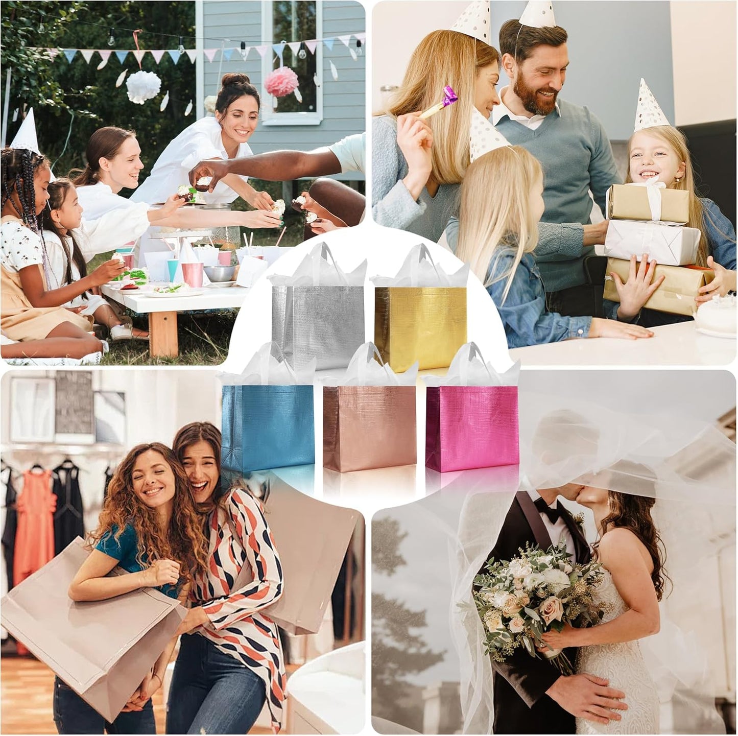 cabzymx 15 Pcs Multicolor Reusable Gift Bags Bulk with 5 Colors, 12.6x4.7x11 In Large Holiday Party Bags with Metallic Bling for Wrapping Gifts, Birthday, Wedding, Parties, Christmas