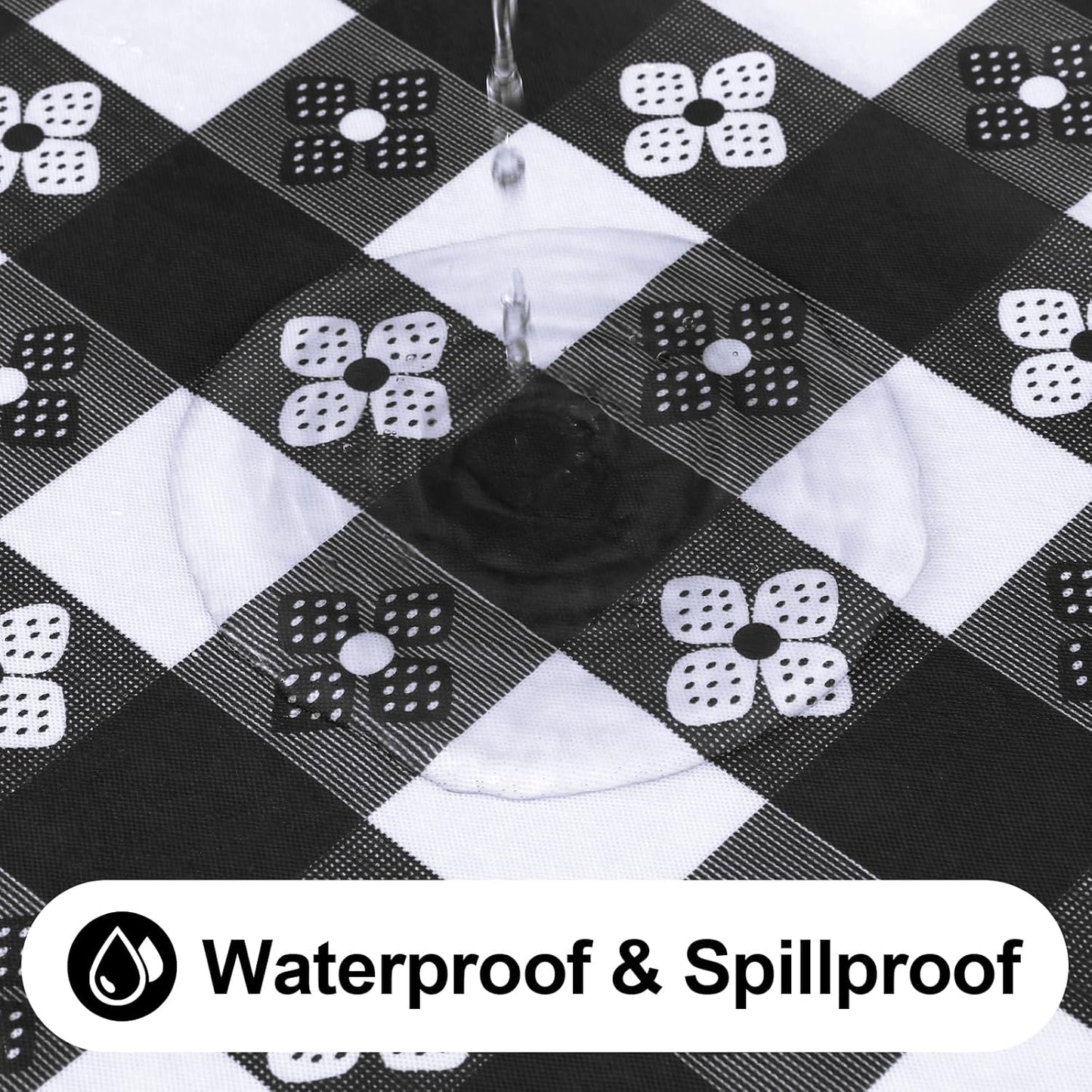Rectangle Vinyl Table Cloth, Waterproof Elastic Fitted Tablecloth with Flannel Backing, Plastic Table Cover for Picnic, Camping, Outdoor (Black & White, 30"x96")