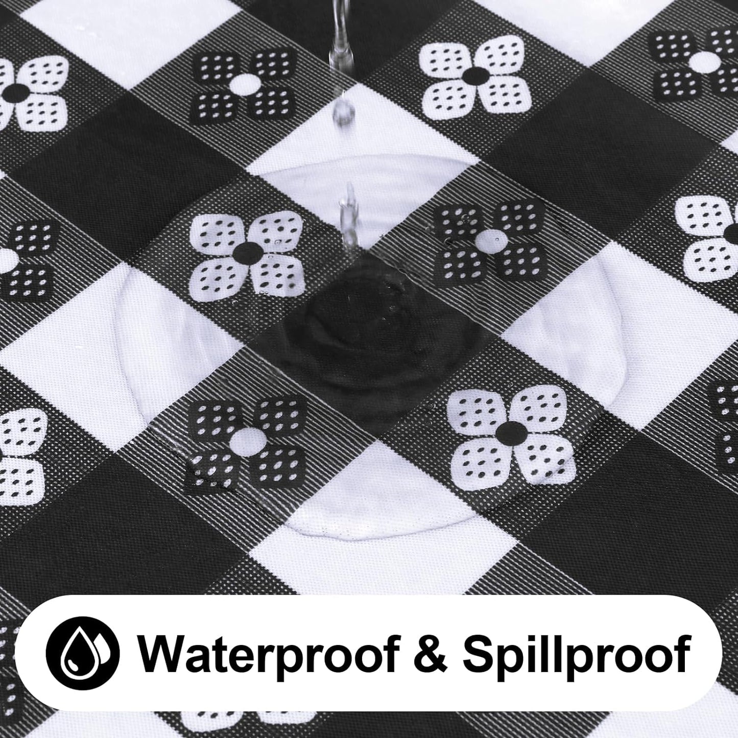 Rectangle Vinyl Table Cloth, Waterproof Elastic Fitted Tablecloth with Flannel Backing, Plastic Table Cover for Picnic, Camping, Outdoor (Black & White, 30"x48")