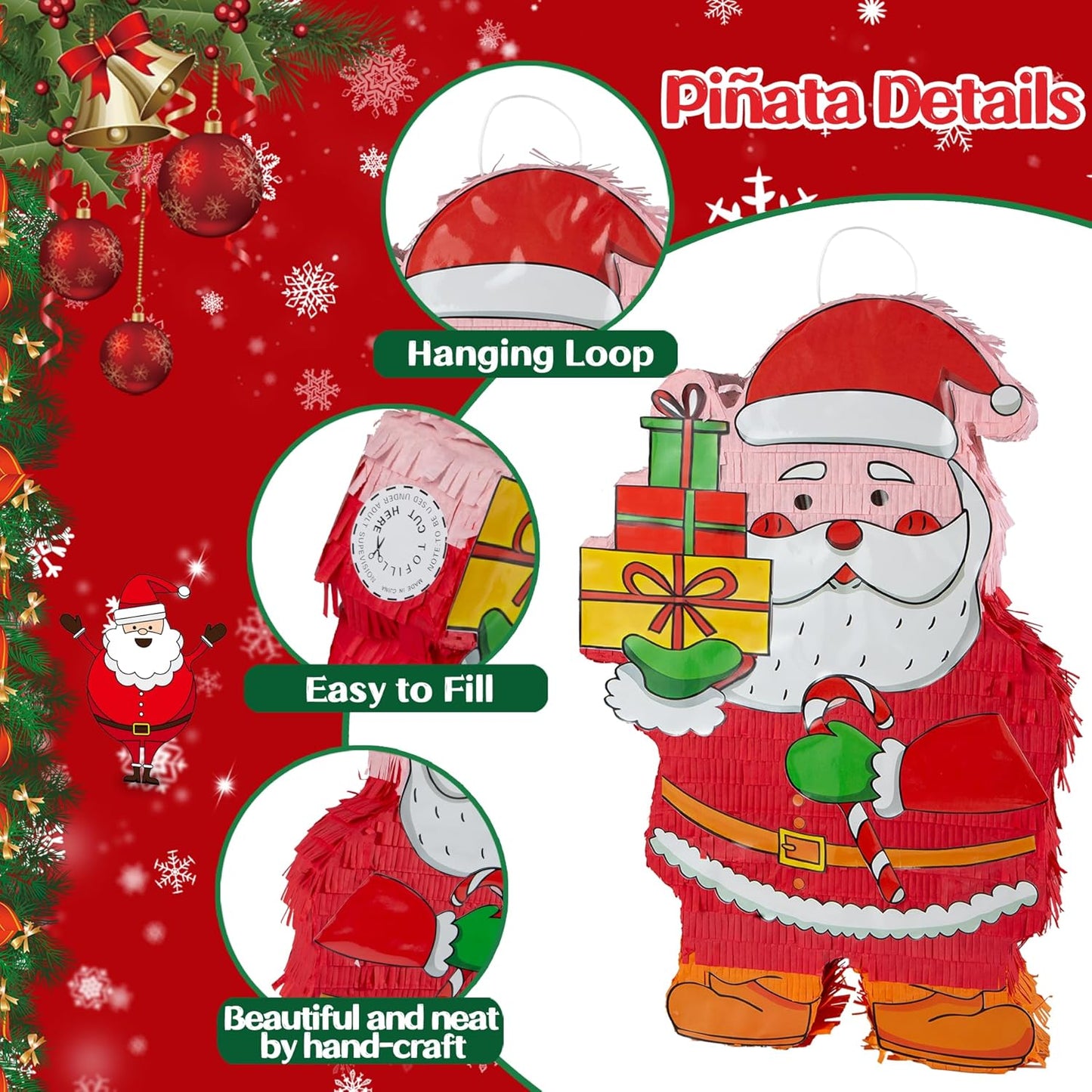 PCFING 21.6 Inch Christmas Santa Claus Piñata with 30 Inch Piñata Stick Blindfold Confetti for Boy Girl Adults Xmas Party Game Decorations