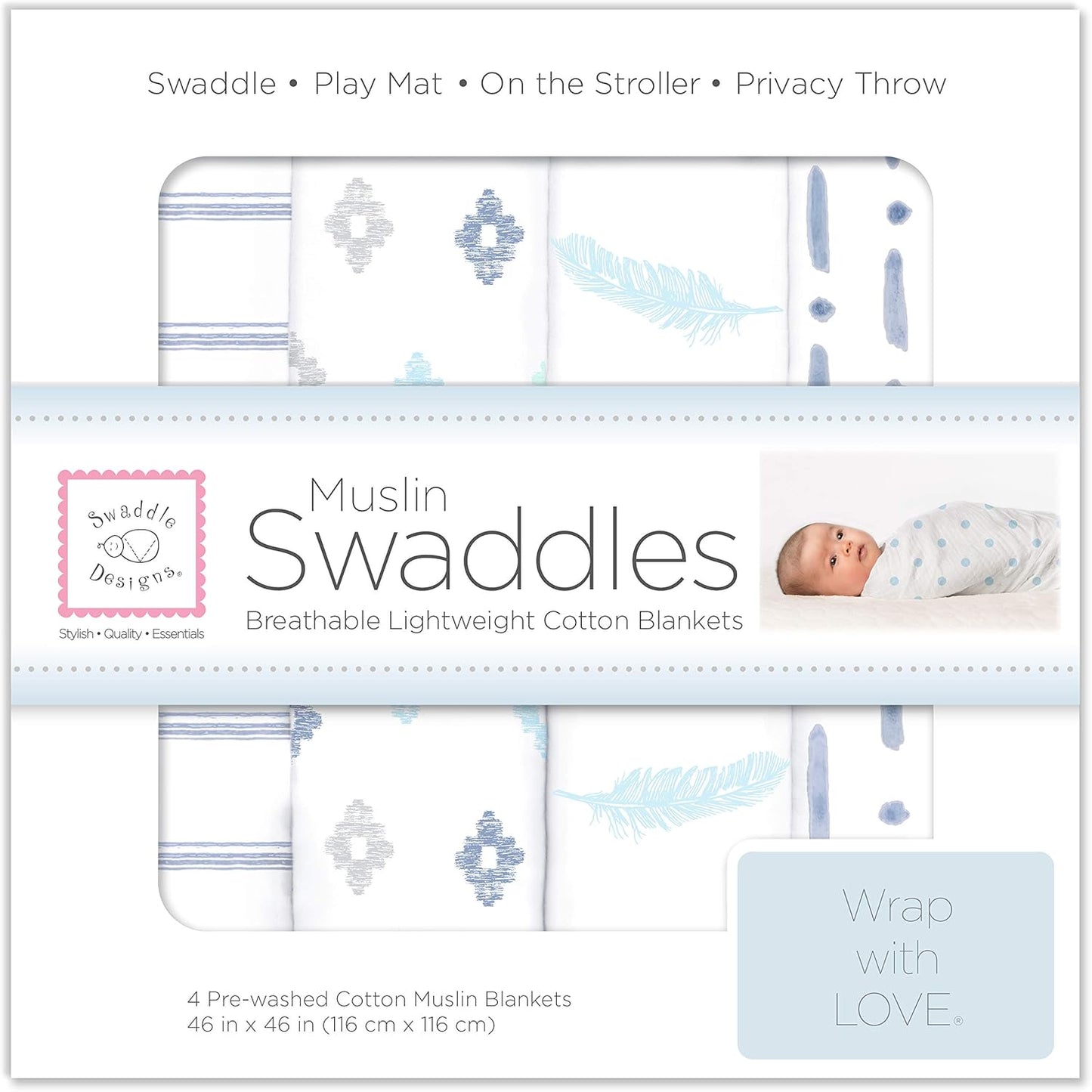 SwaddleDesigns Cotton Muslin Swaddle Blankets, Set of 4, Receiving Blankets for Baby Boys & Girls, Best Shower Gift, 46x46 inches, Denim Indigo