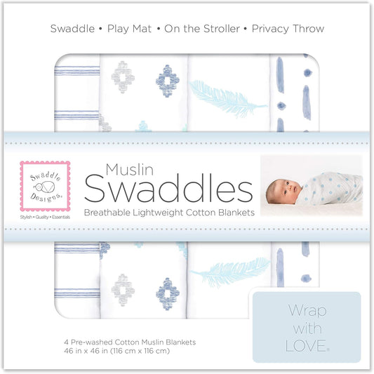 SwaddleDesigns Cotton Muslin Swaddle Blankets, Set of 4, Receiving Blankets for Baby Boys & Girls, Best Shower Gift, 46x46 inches, Denim Indigo