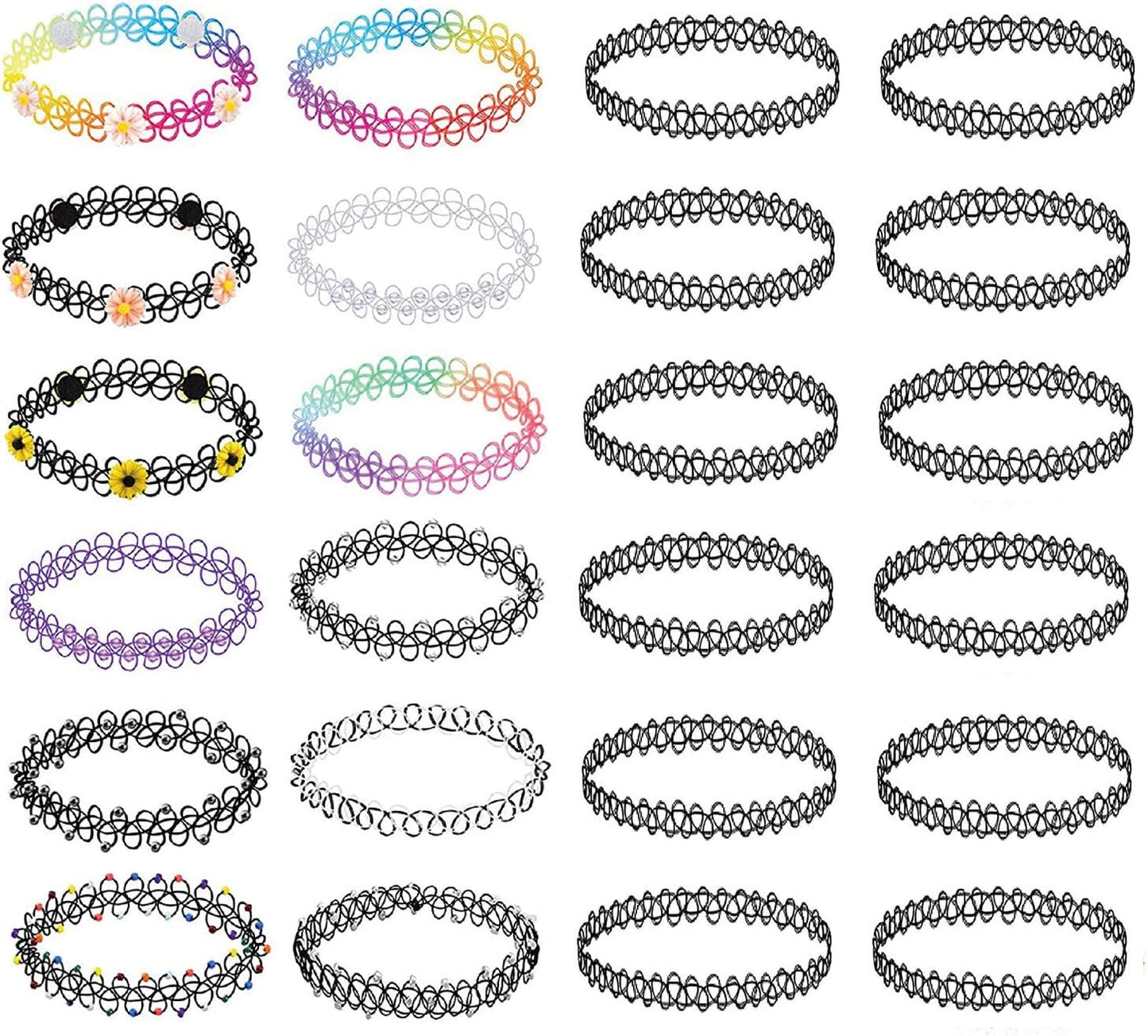 BodyJ4You 24PC Tattoo Choker Necklace - 90s Choker Necklaces Y2K Fashion Trendy Vintage - Daisy Flower Charm Colorful Rainbow Black Goth Pendant - Stretchy Elastic Necklace Summer Gift Set