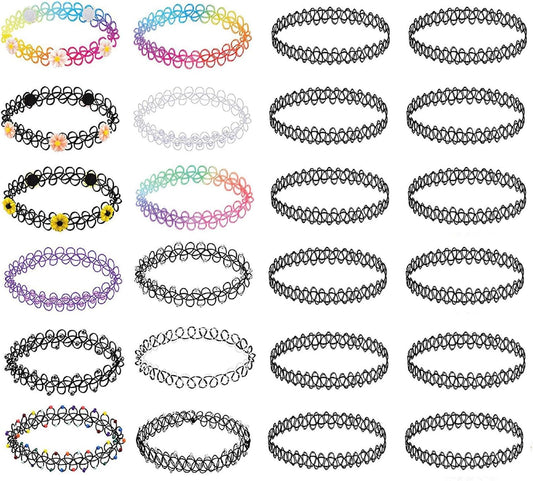 BodyJ4You 24PC Tattoo Choker Necklace - 90s Choker Necklaces Y2K Fashion Trendy Vintage - Daisy Flower Charm Colorful Rainbow Black Goth Pendant - Stretchy Elastic Necklace Summer Gift Set