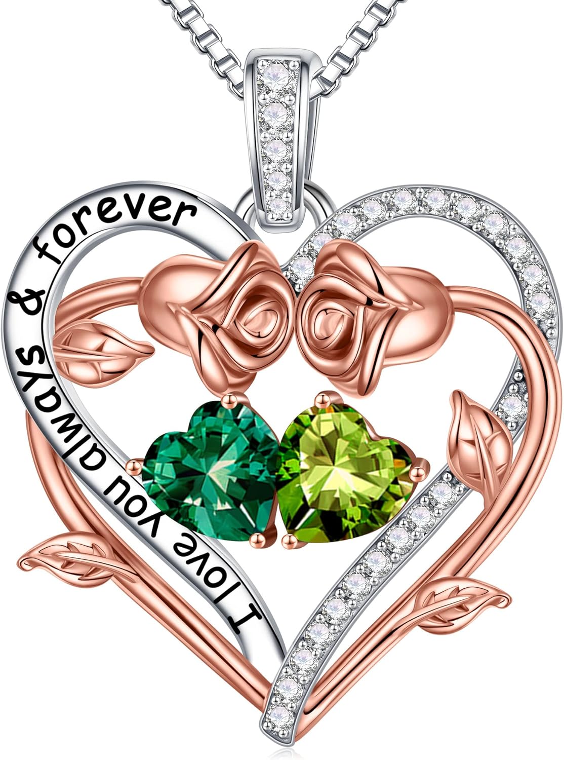 Iefil Rose Heart Double Birthstone Necklace Gifts for Wife Her Mom Women, Birthstone Jewelry Gemstone Birthday Gifts for Girlfriend Grandma Her Wife Women