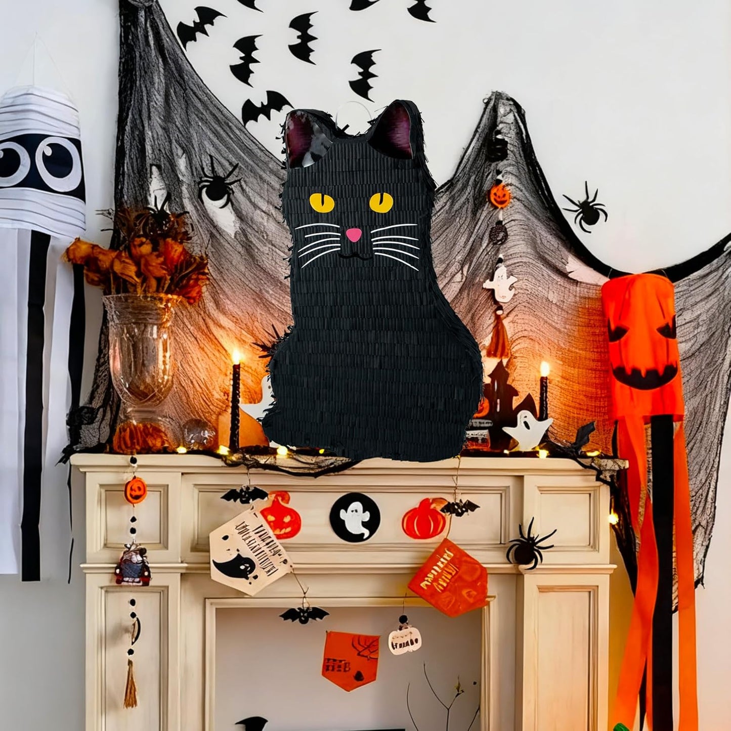 PCFING 21.6 Inch Halloween Cat Piñata with 30 Inch Piñata Stick Blindfold Confetti for Boy Girl Adults Halloween Scary Party Decorations，Candy Game，Trick Treat Party