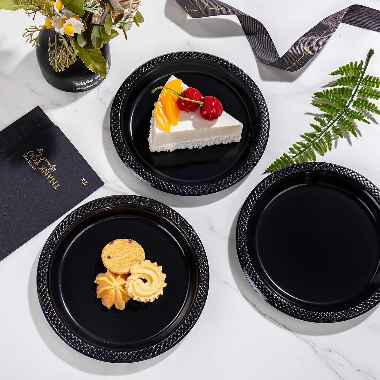 WELLIFE Black Plastic Plates 9 Inch 50 Count Disposable Plate for Party Halloween Plastic Plate for Dinner Dessert Party Supplies Birthday Camping BBQ