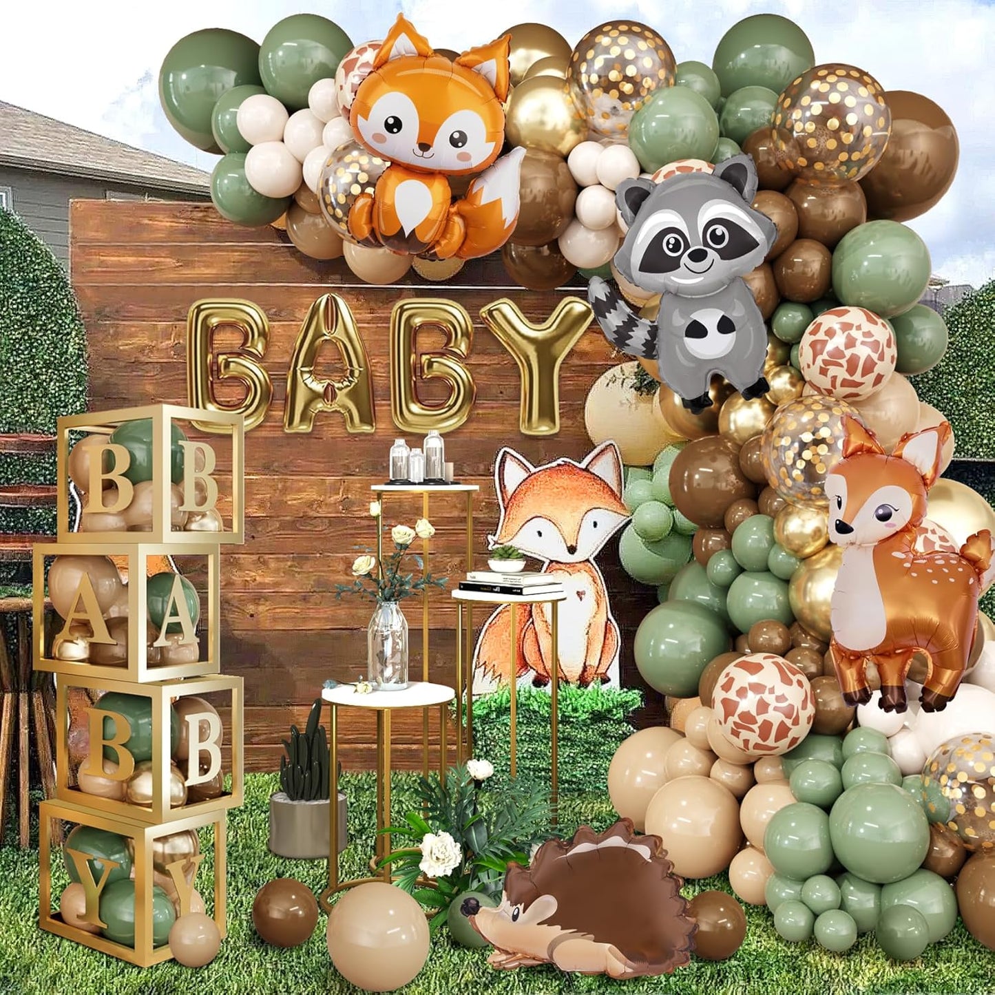 Amandir 137pcs Woodland Animals Baby Shower Decoration Baby Boxes Sage Green Brown Balloon Garland Arch Kit Woodland Themed Animal Foil Balloons for Neutral Forest Jungle Safari Party Supplies