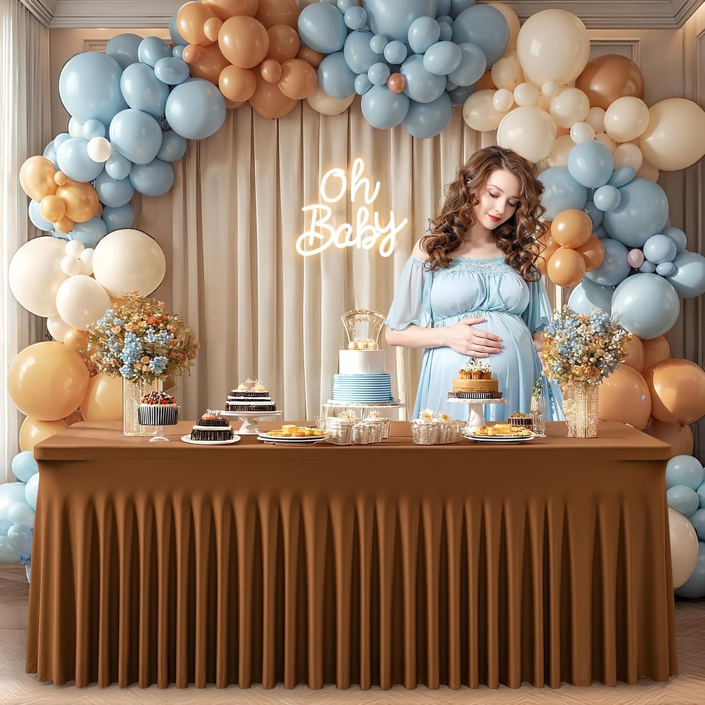 6 Packs Brown Table Clothes for 6 Foot Rectangle Tables, One-Piece Wrinkle Resistant Stretch Spandex Table Covers with Skirt for Event Banquet Wedding Birthday Party