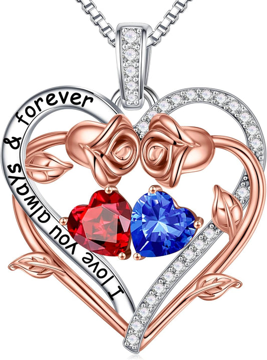 Iefil Rose Heart Double Birthstone Necklace Gifts for Wife Her Mom Women, Birthstone Jewelry Gemstone Birthday Gifts for Girlfriend Grandma Her Wife Women