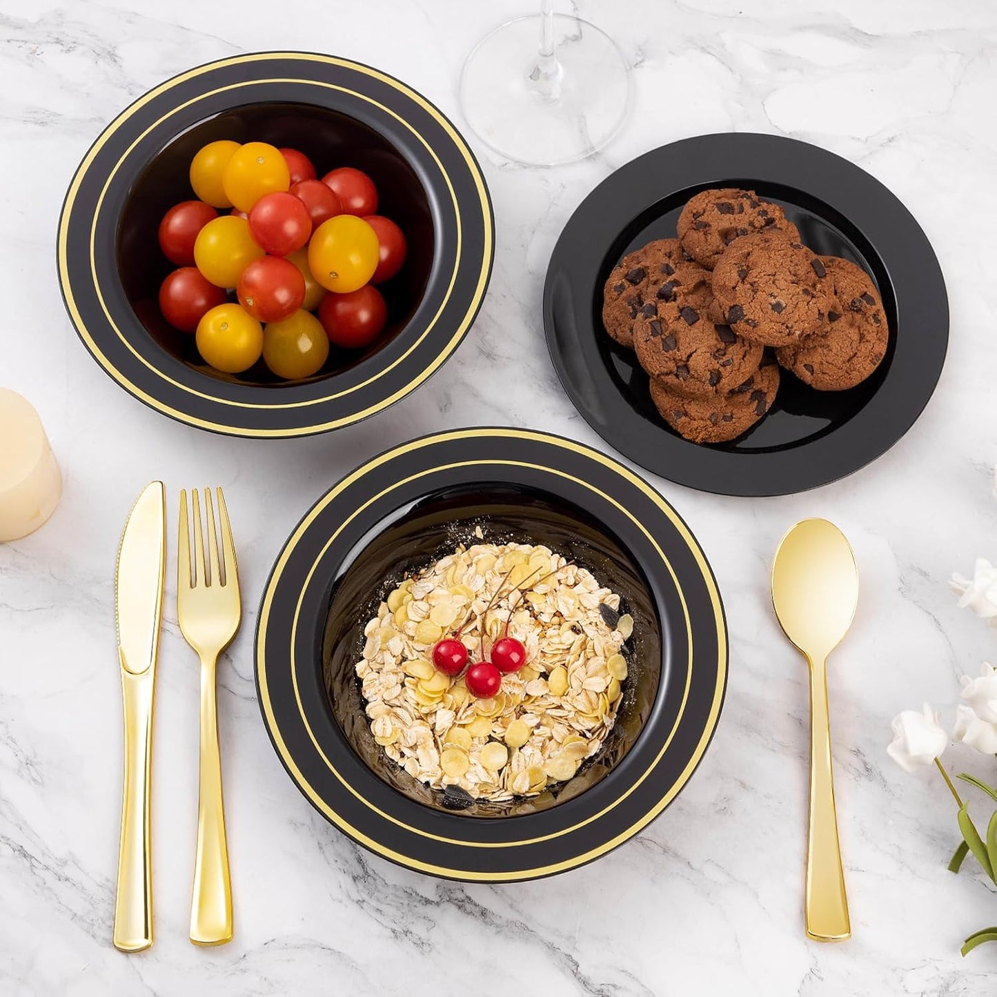 Goodluck 100 Pack Black Plastic Bowls with Gold Rim, 12oz Disposable Soup Bowls, Heavy Duty Dessert Bowls for Weddings, Parties, Dinners, Catering, and New Year