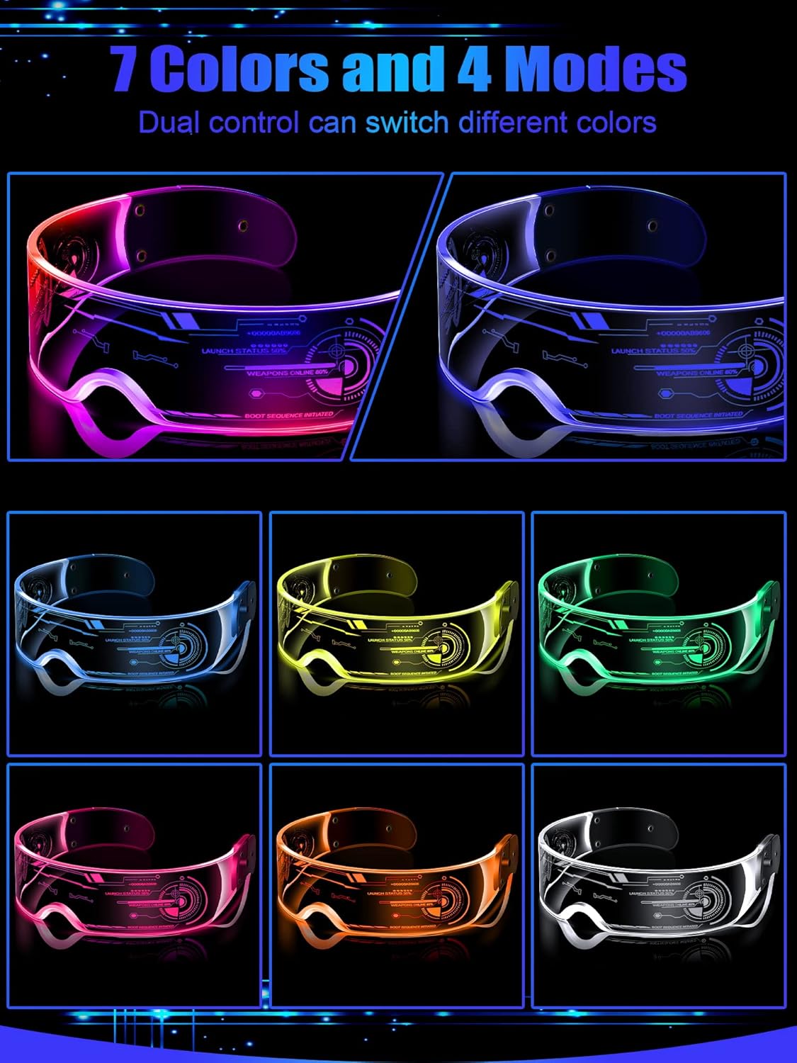 TOODOO 4 Pairs LED Visor Glasses Light up Glasses Futuristic Luminous Rave Glasses 7 Colors 4 Modes for Club Christmas Party