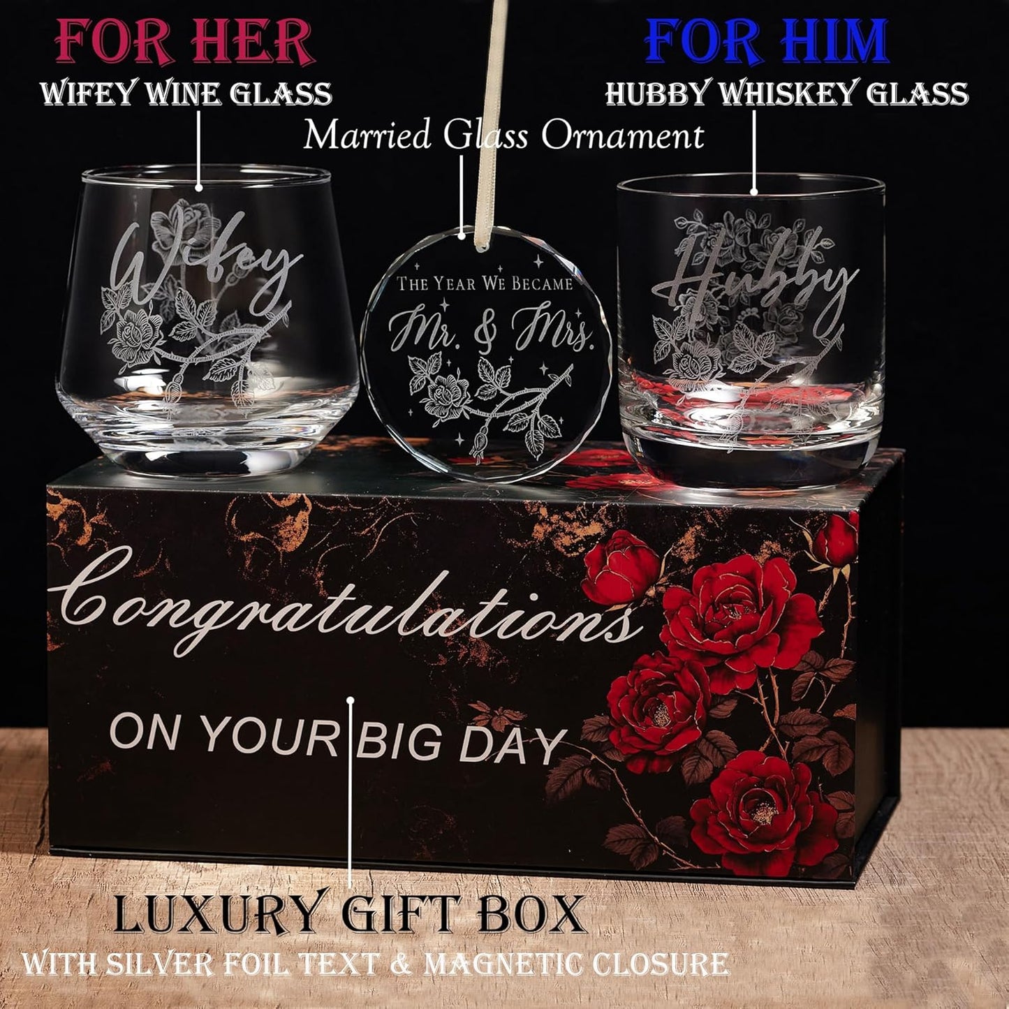 Laser engraving Wedding Gifts for Couples – His and Hers Whiskey & Wine Glasses with Glass Ornament | Perfect Bridal Shower, Engagement Gifts for Hubby and Wifey