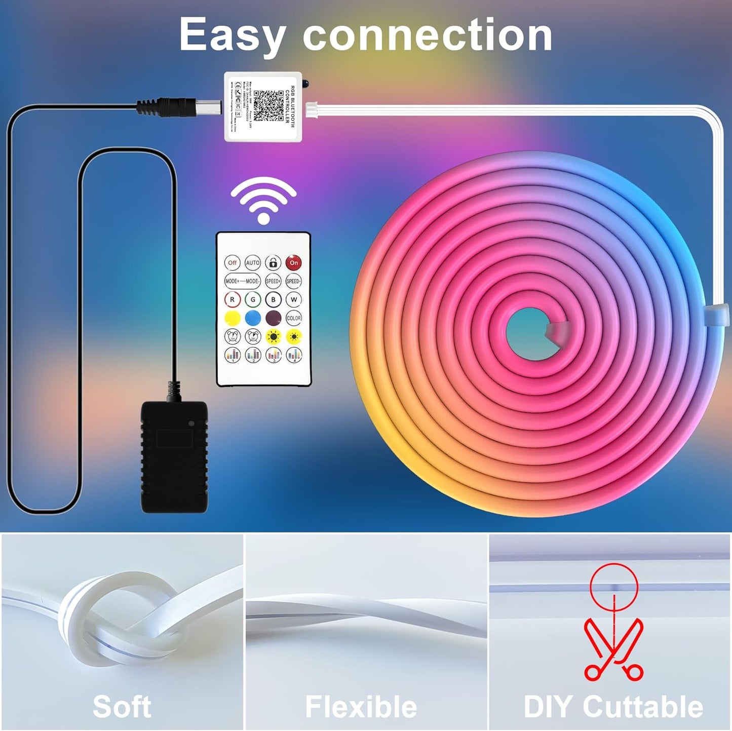 Cozylady 20Ft RGB LED Neon Rope Lights for Bedroom, 7.5m LED Strip Lamp with Double Sided Adhesive Tape, App/Remote Control Waterproof DIY Lights Decorate The Outdoor and Indoor of Your Home.