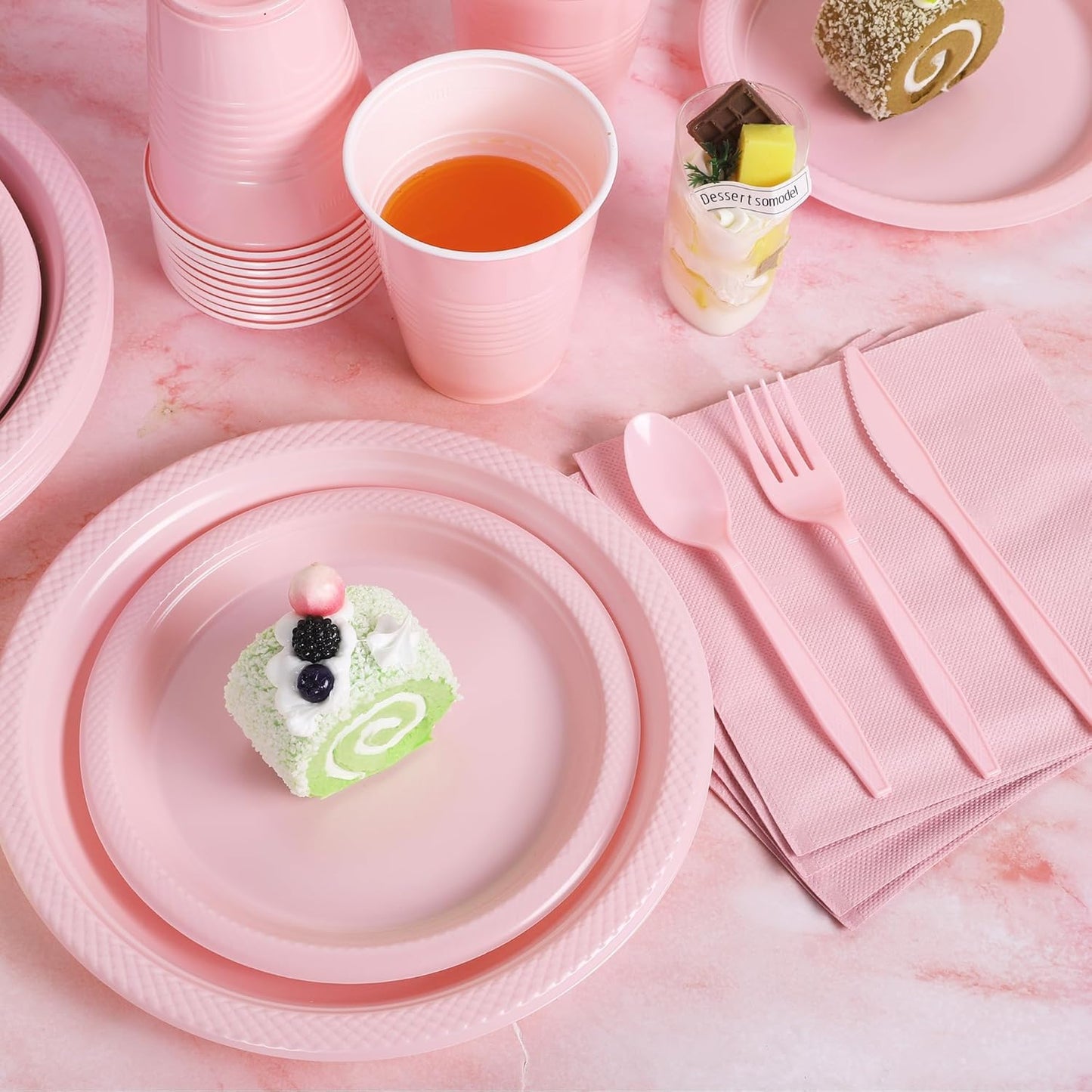 Aodaer 400 Pieces Pink Party Supplies Disposable Dinnerware Set Include Plastic Plates Cups Knives Forks Spoons Paper Napkins for Birthday Wedding Graduation Parties, Serve 50 Guests