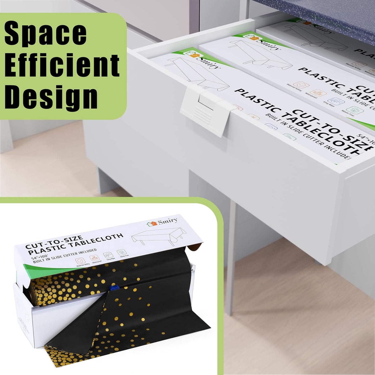 Smiry 54 Inch x 100 Feet Disposable Table Cover Roll, Black & Gold Plastic Table Cloth in Cut-to-Size Box with Slide Cutter, Waterproof Rectangle Tablecloths for Weddings, Banquets, Outdoor