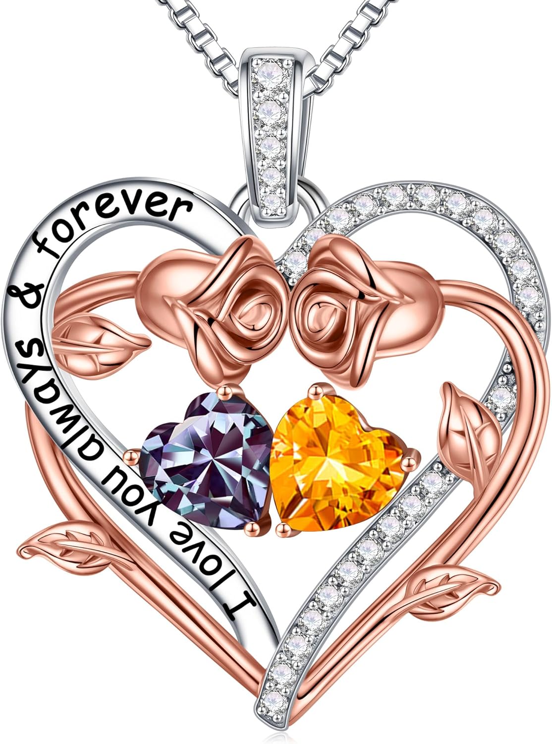 Iefil Rose Heart Double Birthstone Necklace Gifts for Wife Her Mom Women, Birthstone Jewelry Gemstone Birthday Gifts for Girlfriend Grandma Her Wife Women