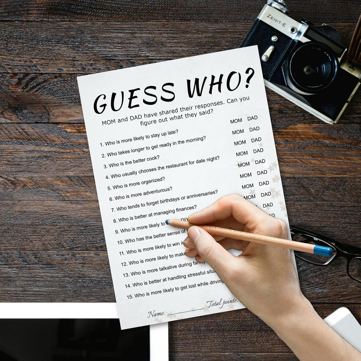 Baby Shower Guess Who Trivia Game Cards - 30 Player Family Friend Party, Minimalist Light Gray Design, Ready to Play, 5x7 Inch with Stars & Strips (Guess Who)